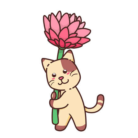 Cute Adorable Happy Brown Cat And Pink Flower Chrysanthemum Flat Design Isolatedのイラスト素材