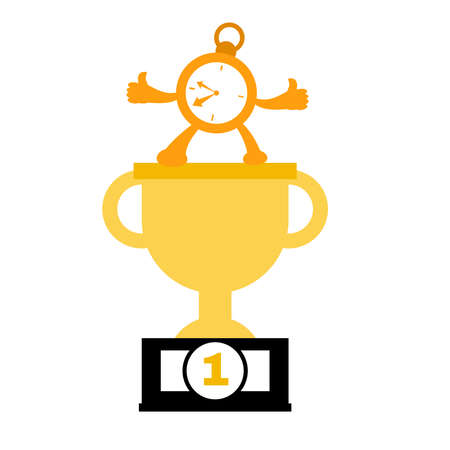 cartoon time clock on gold trophy winner competition doodle vector illustration flat design styleのイラスト素材