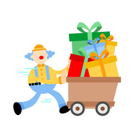 cartoon clown cart gift box doodle vector illustration flat design styleのイラスト素材