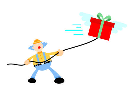 cartoon clown catch flying gift box doodle vector illustration flat design styleのイラスト素材