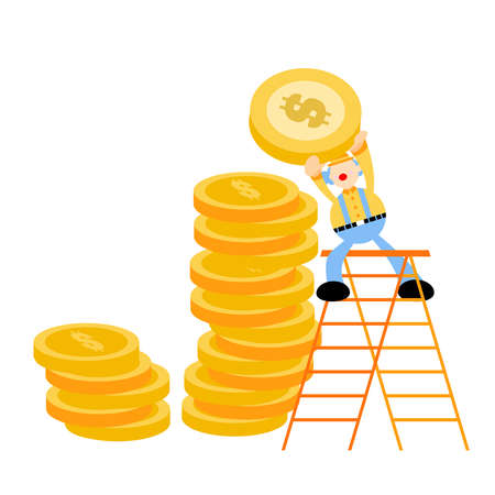 cartoon happy clown carnival and gold coin money economy doodle vector illustration flat design styleのイラスト素材