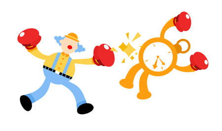 clown stress out for clock time deadline schedule cartoon doodle vector illustration flat design styleのイラスト素材