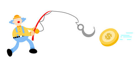 happy colorful clown catch hook gold coin money economy cartoon doodle vector illustration flat design styleのイラスト素材