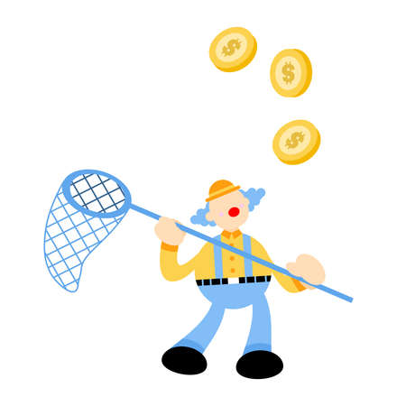 happy colorful clown catch gold coin money dollar economy cartoon doodle vector illustration flat design styleのイラスト素材
