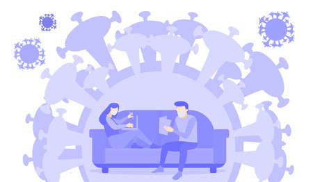 Work from home because corona virus pandemic. Young people, mÐ°n and womÐ°n freelancer working on laptop and computer at home. vector illustration fight covid-19 corona virus cartoon flat design styleのイラスト素材