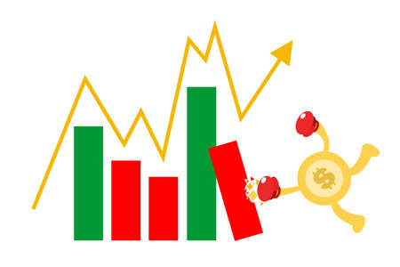 money dollar economy gold coin punch red chart candle stick cartoon doodle flat design style vector illustrationのイラスト素材