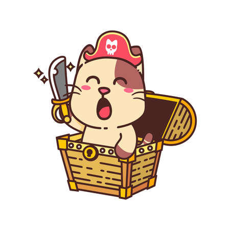 Cartoon Happy Brown Cat Pirate In Treasure Chest Box Vector Illustration Adorable Cute  Character Flat Design Sticker Isolatedのイラスト素材