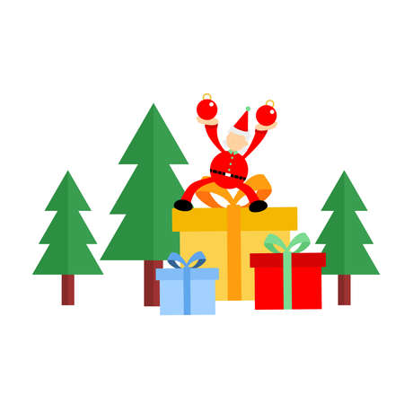 happy christmas red santa claus use decoration ball on pine tree cartoon doodle flat design style vector illustrationのイラスト素材
