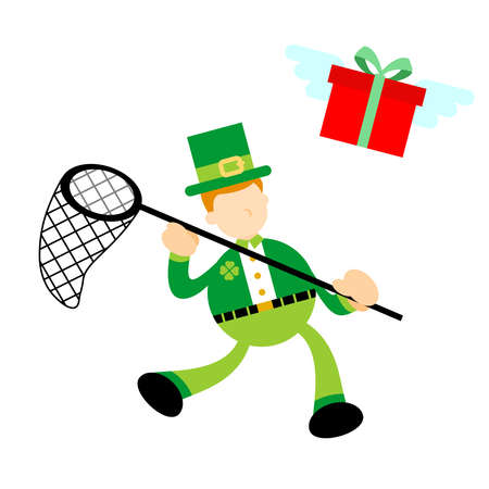 leprechaun catch gift box flat cartoon doodle design style vector illustrationのイラスト素材