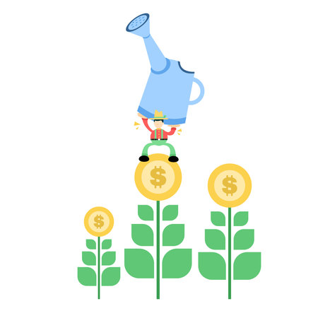 farmer man and gold coin money dollar garden cartoon doodle flat design style vector illustrationのイラスト素材