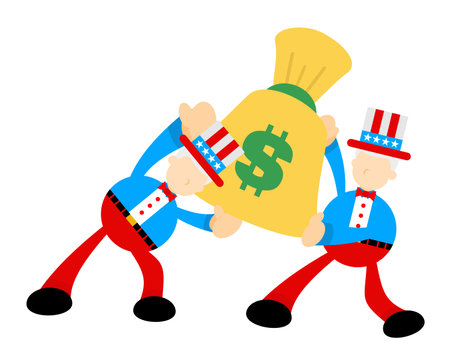 uncle sam america people pick gold money dollar bag cartoon doodle flat design style vector illustrationのイラスト素材