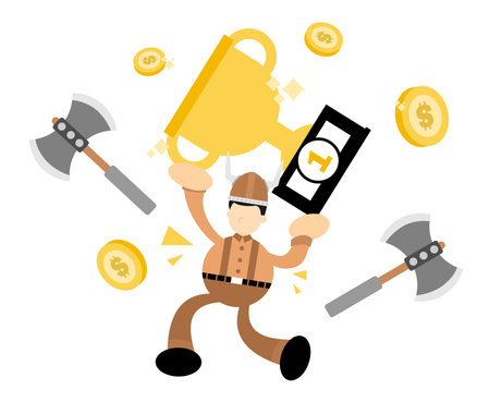 barbarian viking and champion trophy cartoon doodle business flat design style vector illustrationのイラスト素材