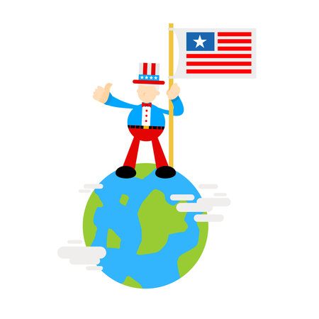 america people and earth globe global domination cartoon doodle flat design style vector illustrationのイラスト素材