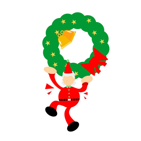 happy red santa claus and merry christmas green grass ring bells cartoon doodle flat design style vector illustrationのイラスト素材