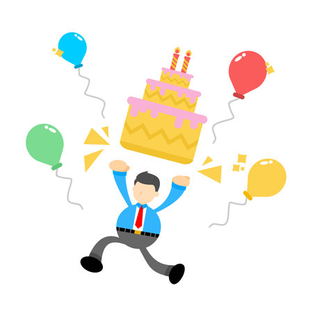 happy businessman and birthday cake cartoon doodle flat design style vector illustrationのイラスト素材