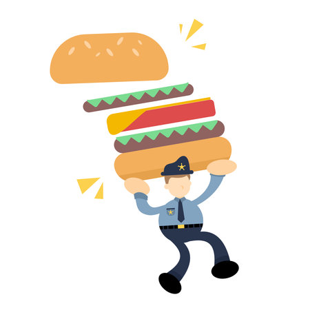 happy police officer and eat burger fast food cartoon doodle flat design style vector illustrationのイラスト素材