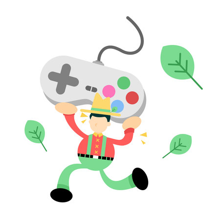 happy farmer man agriculture and game controller console cartoon doodle flat design style vector illustrationのイラスト素材