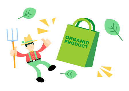 farmer man organic product shop bag cartoon doodle flat design style vector illustrationのイラスト素材