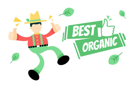happy farmer and best organic agriculture green sign board cartoon doodle flat design style vector illustrationのイラスト素材