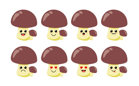 Set of cute cartoon colorful brown mushroom with different emotions. Funny emotions character collection for kids. Fantasy characters. Vector illustrations, cartoon flat styleのイラスト素材