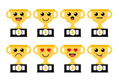 Set of cute cartoon colorful gold trophy with different emotions. Funny emotions character collection for kids. Fantasy characters. Vector illustrations, cartoon flat styleのイラスト素材