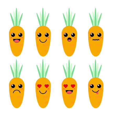 Set of cute cartoon colorful carrot with different emotions. Funny emotions character collection for kids. Fantasy characters. Vector illustrations, cartoon flat styleのイラスト素材