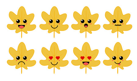 Set of cute cartoon colorful maple leaf with different emotions. Funny emotions character collection for kids. Fantasy characters. Vector illustrations, cartoon flat styleのイラスト素材