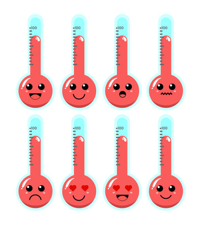 Set of cute cartoon colorful thermometer with different emotions. Funny emotions character collection for kids. Fantasy characters. Vector illustrations, cartoon flat styleのイラスト素材