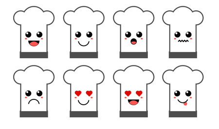 Set of cute cartoon colorful chef hat with different emotions. Funny emotions character collection for kids. Fantasy characters. Vector illustrations, cartoon flat style.のイラスト素材