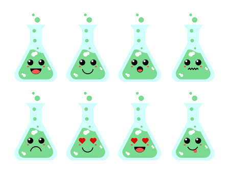 Set of cute cartoon colorful green liquid in flask with different emotions. Funny emotions character collection for kids. Fantasy characters. Vector illustrations, cartoon flat styleのイラスト素材