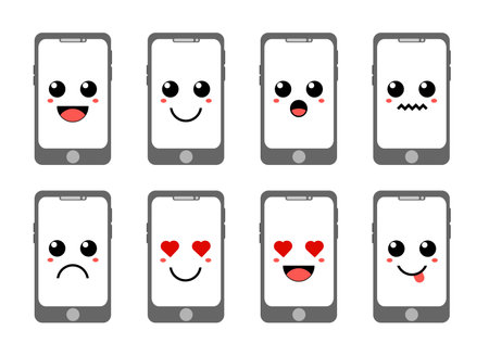Set of cute cartoon colorful mobile phone with different emotions. Funny emotions character collection for kids. Fantasy characters. Vector illustrations, cartoon flat styleのイラスト素材