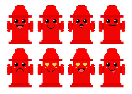 Set of cute cartoon colorful red fire hydrant with different emotions. Funny emotions character collection for kids. Fantasy characters. Vector illustrations, cartoon flat styleのイラスト素材