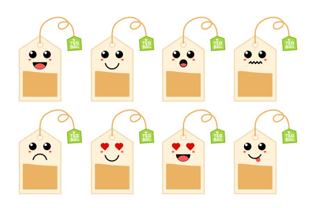 Set of cute cartoon colorful tea bag with different emotions. Funny emotions character collection for kids. Fantasy characters. Vector illustrations, cartoon flat style.のイラスト素材