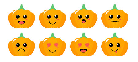 Set of cute cartoon colorful orange pumpkin with different emotions. Funny emotions character collection for kids. Fantasy characters. Vector illustrations, cartoon flat styleのイラスト素材