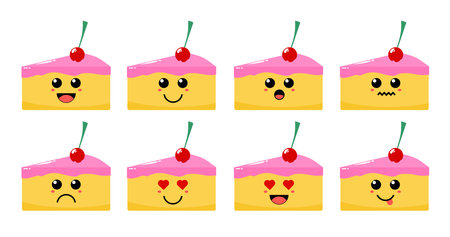 Set of cute cartoon colorful cake with different emotions. Funny emotions character collection for kids. Fantasy characters. Vector illustrations, cartoon flat style.のイラスト素材