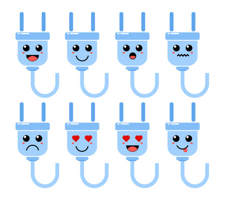 Set of cute cartoon colorful blue cable with different emotions. Funny emotions character collection for kids. Fantasy characters. Vector illustrations, cartoon flat styleのイラスト素材