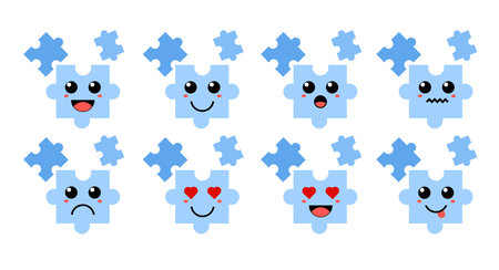 Set of cute cartoon colorful blue puzzle with different emotions. Funny emotions character collection for kids. Fantasy characters. Vector illustrations, cartoon flat styleのイラスト素材