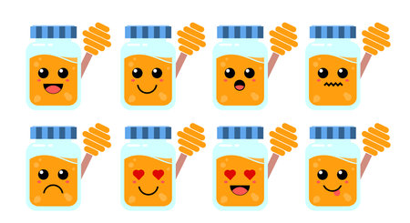 Set of cute cartoon colorful honey jar with different emotions. Funny emotions character collection for kids. Fantasy characters. Vector illustrations, cartoon flat styleのイラスト素材