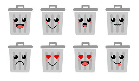 Set of cute cartoon colorful trash bin with different emotions. Funny emotions character collection for kids. Fantasy characters. Vector illustrations, cartoon flat styleのイラスト素材