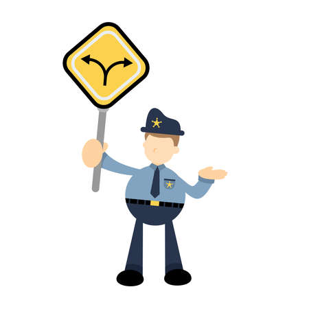 police officer and two direction path road sign cartoon doodle flat design style vector illustrationのイラスト素材