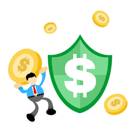 businessman worker and dollar shield business money protection cartoon doodle flat design style vector illustrationのイラスト素材