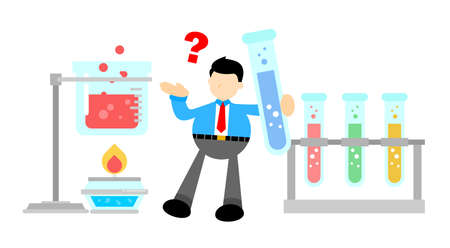 businessman worker and experiment laboratory flask research science cartoon doodle flat design style vector illustrationのイラスト素材