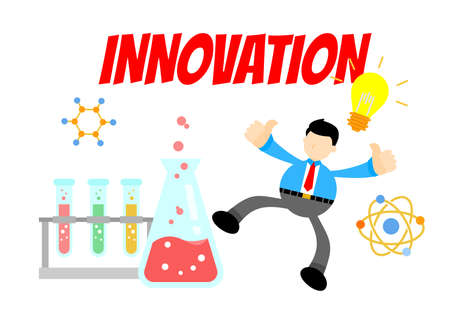 businessman worker and experiment laboratory research innovation science cartoon doodle flat design style vector illustrationのイラスト素材