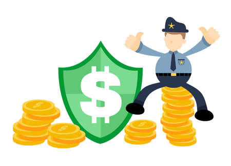police officer and dollar shield business money protection cartoon doodle flat design style vector illustrationのイラスト素材