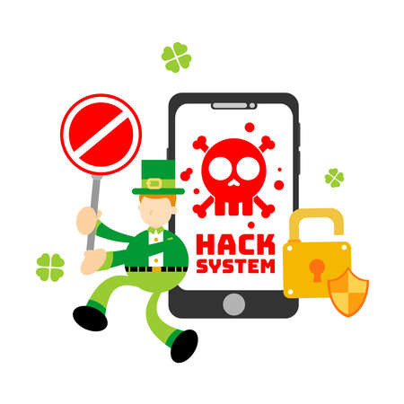 leprechaun shamrock celtic stop hack protection system cartoon doodle flat design style vector illustrationのイラスト素材
