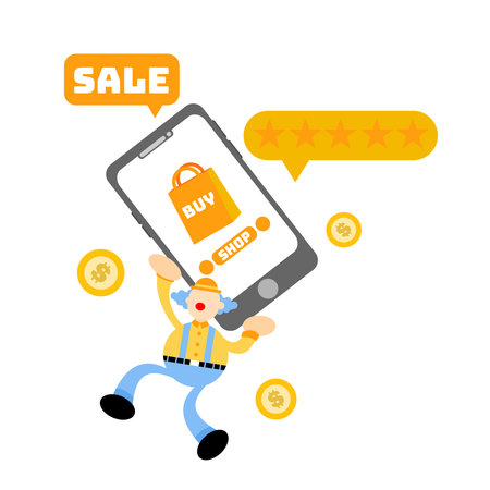 clown carnival buy sale store online shop mobile cartoon doodle flat design style vector illustrationのイラスト素材