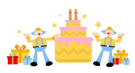 happy yellow clown and birthday cake cartoon doodle flat design style vector illustration