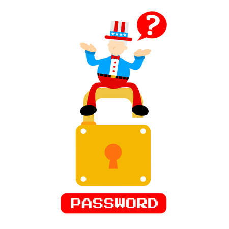 uncle sam america and password security padlock cartoon doodle flat design style vector illustrationのイラスト素材