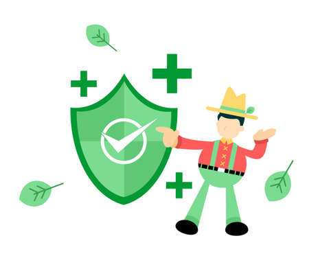 farmer man agriculture green shield checklist protection security cartoon doodle flat design style vector illustrationのイラスト素材