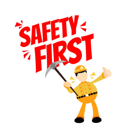 safety first lettering with miner cartoon flat style icon design, vector illustrationのイラスト素材